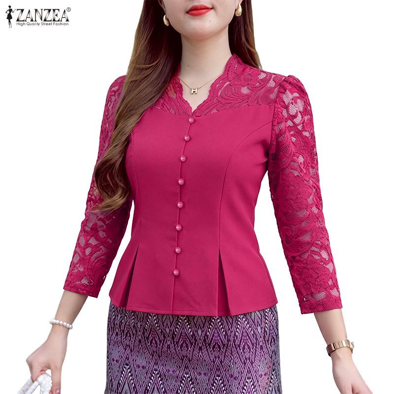 ZANZEA เสื้อลูกไม้แขน 3/4 ออกแบบเกาหลี สไตล์ไฮเอนด์ V-neck