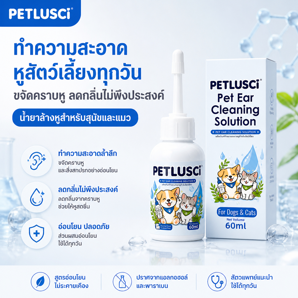 PETLUSCI น้ำยาเช็ดหู น้ำยาทำความสะอาดหูสัตว์เลี้ยง หยอดหูแมว สุนัขลดกลิ่น ขี้หู ลดคัน หัวหยดซิลิโคนนิ่ม 60 ml