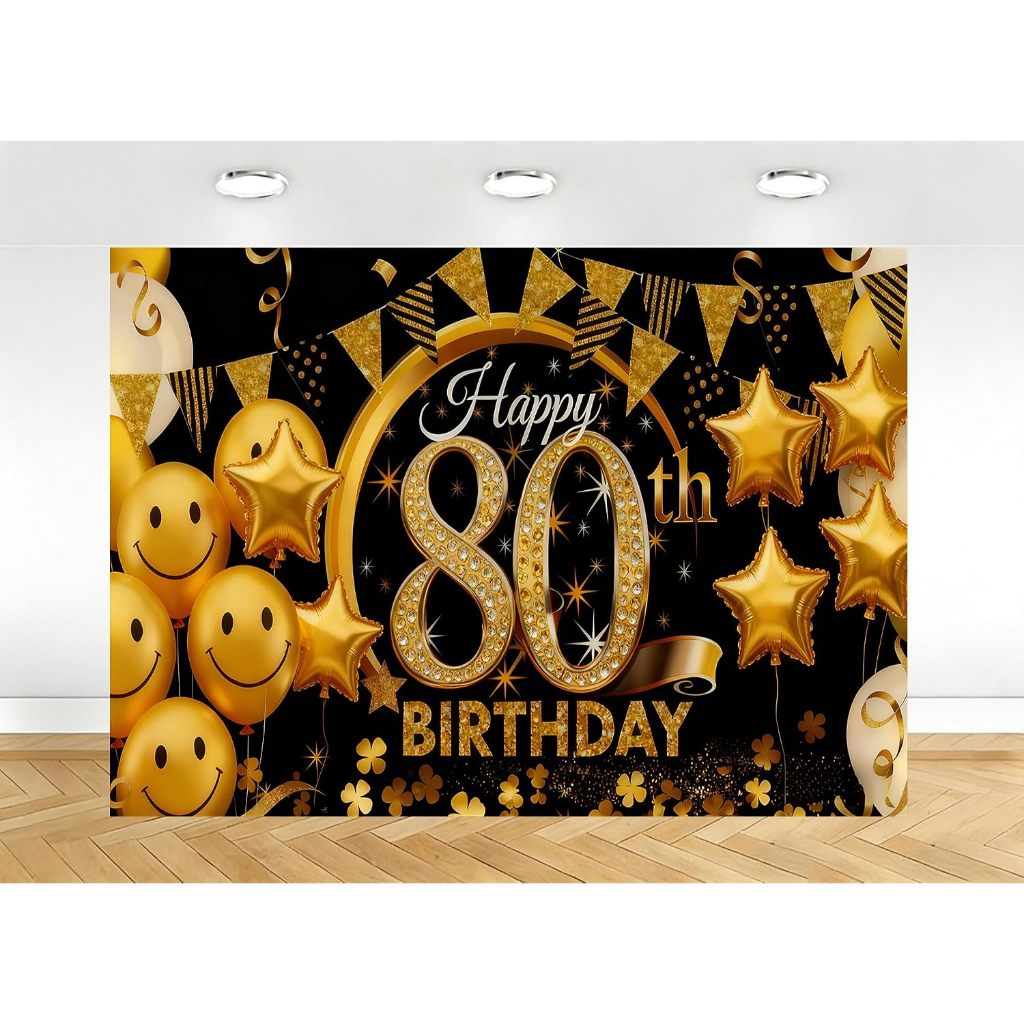 Golden 80th Happy Birthday Party แบนเนอร์การถ่ายภาพฉากหลังบอลลูน Star Emoji การถ่ายภาพพื้นหลัง 80th 