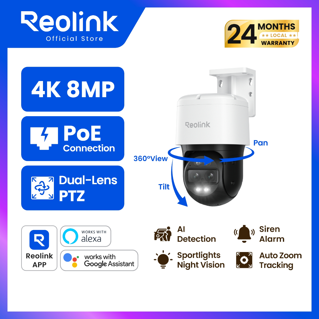 REOLINK TrackMix PoE กล้องวงจรปิด 4K เลนส์คู่ | ซูมไฮบริด 6 เท่า (6X Hybrid Zoom) | หมุน 355° ติดตาม