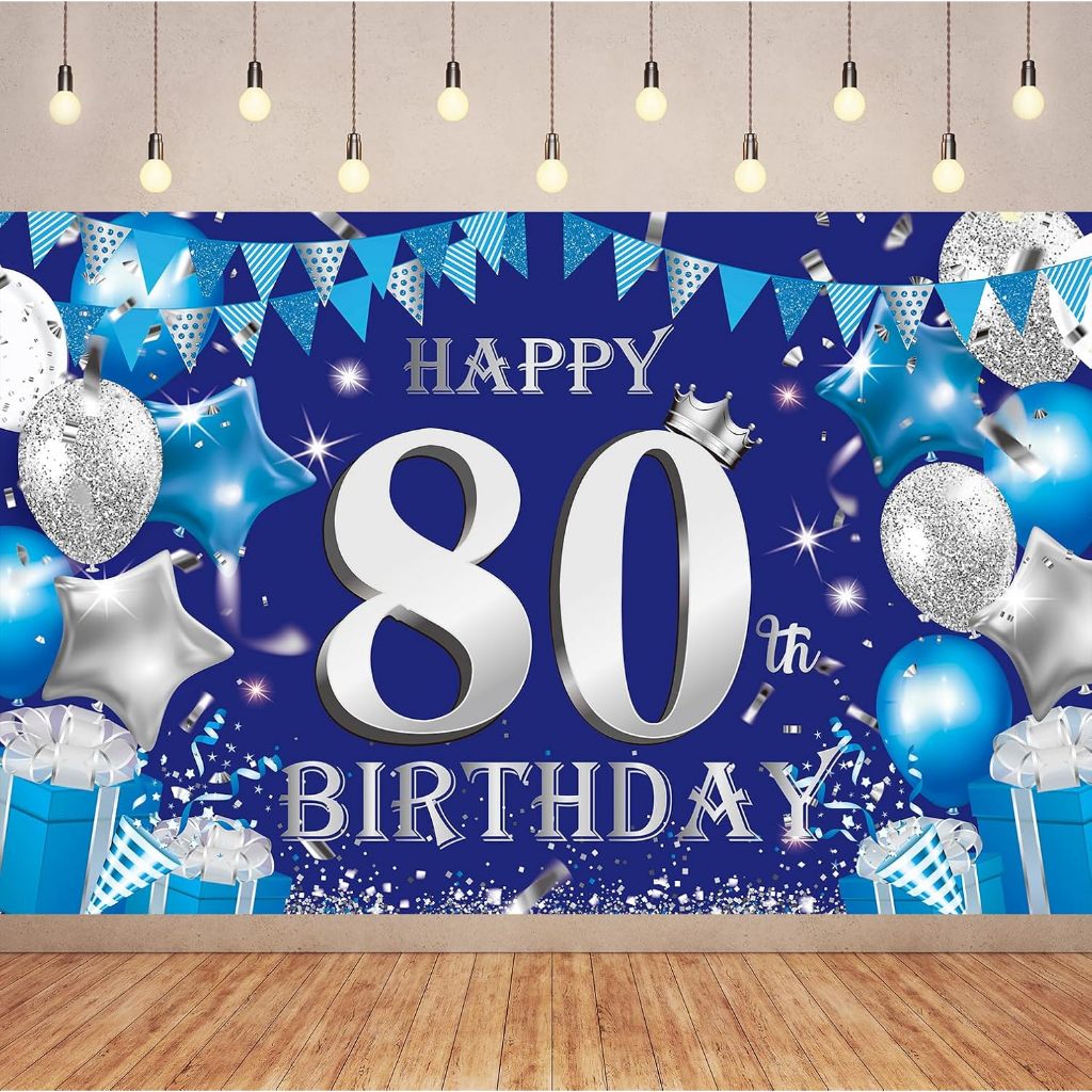 สีฟ้าและเงิน 80th Happy Birthday Party แบนเนอร์การถ่ายภาพฉากหลัง Happy 80th วันเกิดฉากหลังตกแต่งเหมา