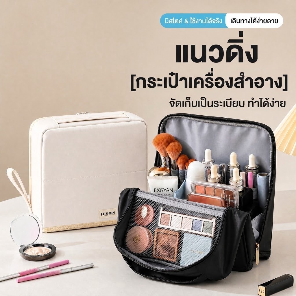 แต่งหน้าเดินทาง กระเป๋าเก็บเครื่องสําอางความจุขนาดใหญ่ กระเป๋าจัดระเบียบแป้งหนัง ปู่ แบบพกพาพร้อมที่จับ กระเป๋าเครื่องสําอางเดินทางผู้หญิง ใช