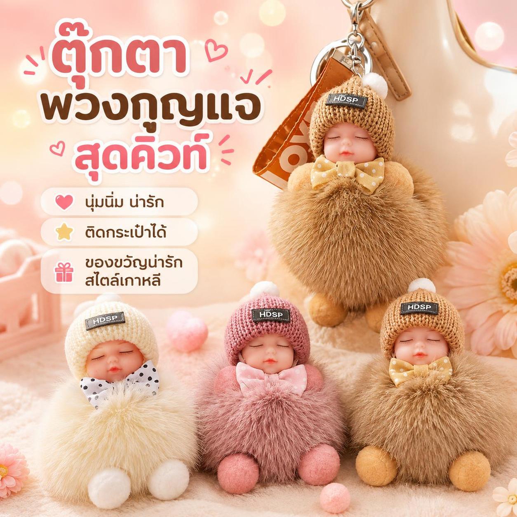 SPING Sleeping พวงกุญแจเด็กน่ารัก Fluffy ตุ๊กตาพวงกุญแจผู้หญิงสาวกระเป๋าจี้รถ Key แหวน Bapa ตกแต่งของขวัญ DDC
