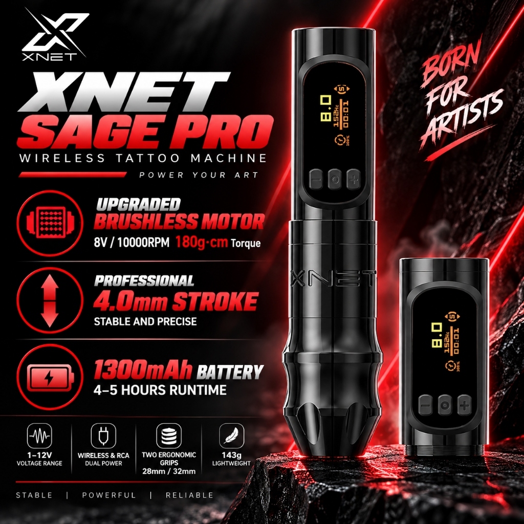 XNET Sage Pro Wireless Tattoo Machine ปากกาโรตารี 1-12V Brushles มอเตอร์ 1300mAh แบตเตอรี่คิ้วแต่งหน