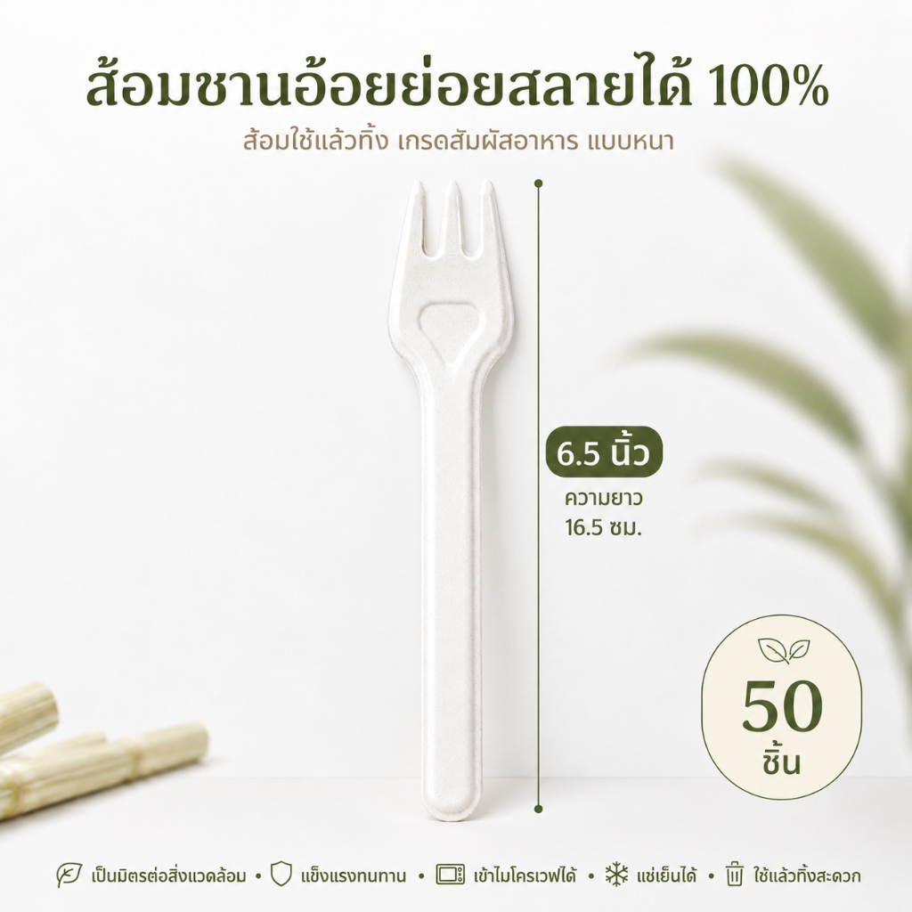 Joyful Ocean ช้อน ส้อม ชานอ้อย 100% ช้อนส้อมใช้แล้วทิ้ง ย่อยสลายได้ เกรดอาหาร แข็งแรงทนทาน เป็นมิตรต่อสิ่งแวดล้อม 50/100 ชิ้น