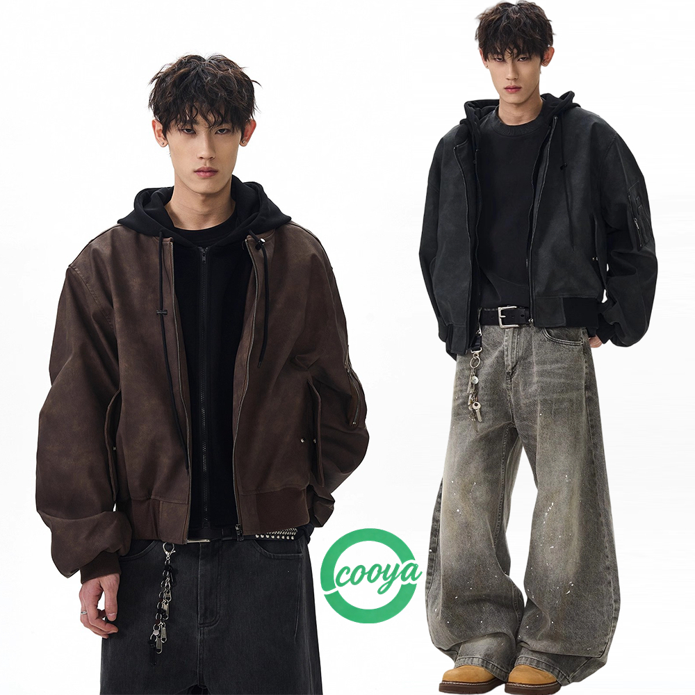 COOYA 【ใหม่ล่าสุด】แจ็กเก็ต jacket แจ็คเก็บหนังเบสบอลมีฮู้ด ดีไซน์ 2 ตัวปลอม สบายๆ สไตล์ย้อนยุค american - ผู้ชาย ผู้หญิง ใส่คู่กันได้‼️ ส่งฟรี