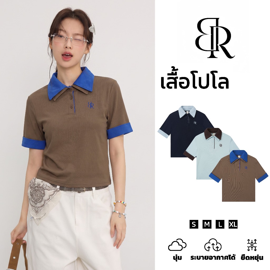B&R จัดส่งจากไทย เสื้อโปโลแขนสั้นผู้หญิง ดีไซน์ปลอกสองชิ้น ดีไซน์ตัดสี งานปักตกแต่ง ทรงสั้นเข้ารูป