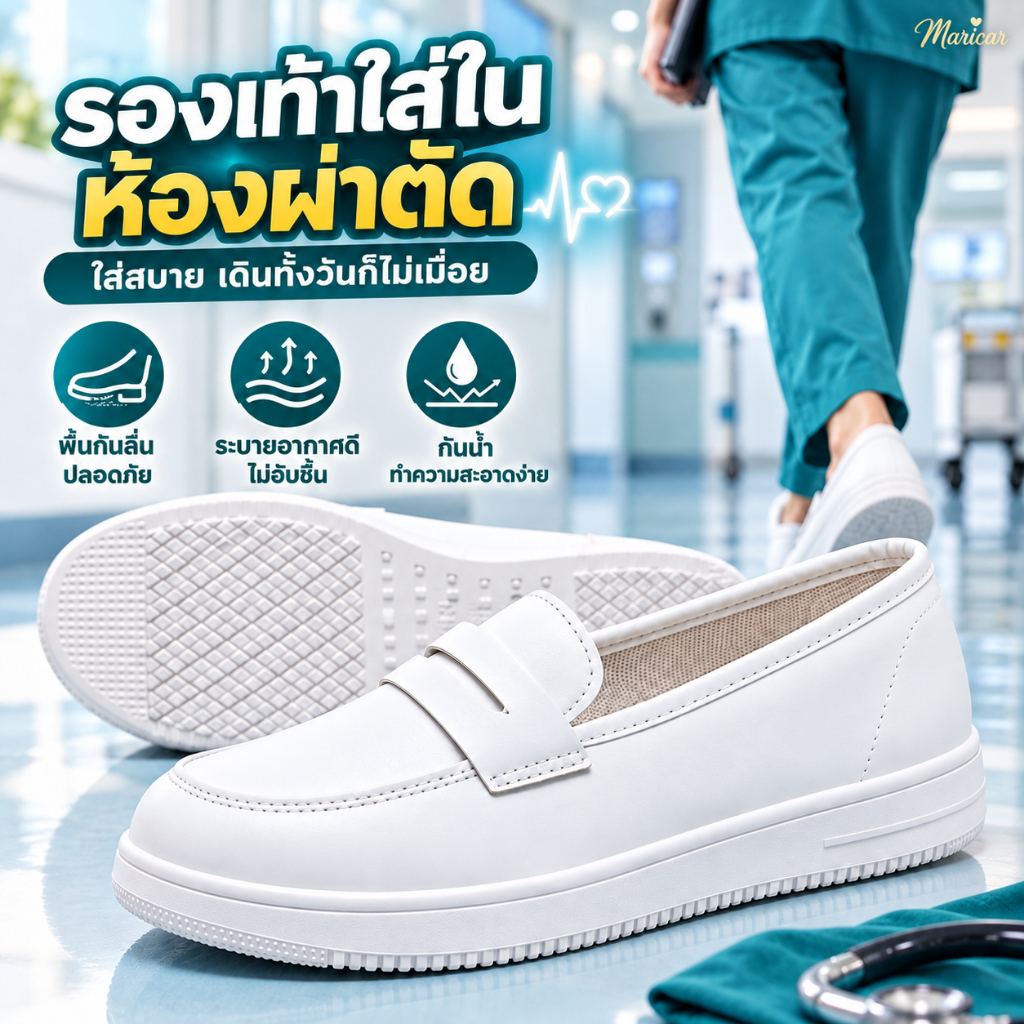 รองเท้าพยาบาลแบน รองเท้าทํางานทางการแพทย์ระบายอากาศสีขาวพื้นนุ่มของผู้หญิง