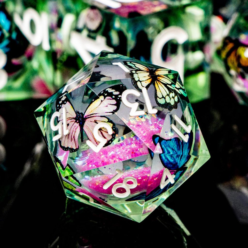 Butterfly DND Dice Pink Liquid Core Dice Set พร้อมกล่องโลหะ, Handmade Sharp Edge D และ D Polyhedral 