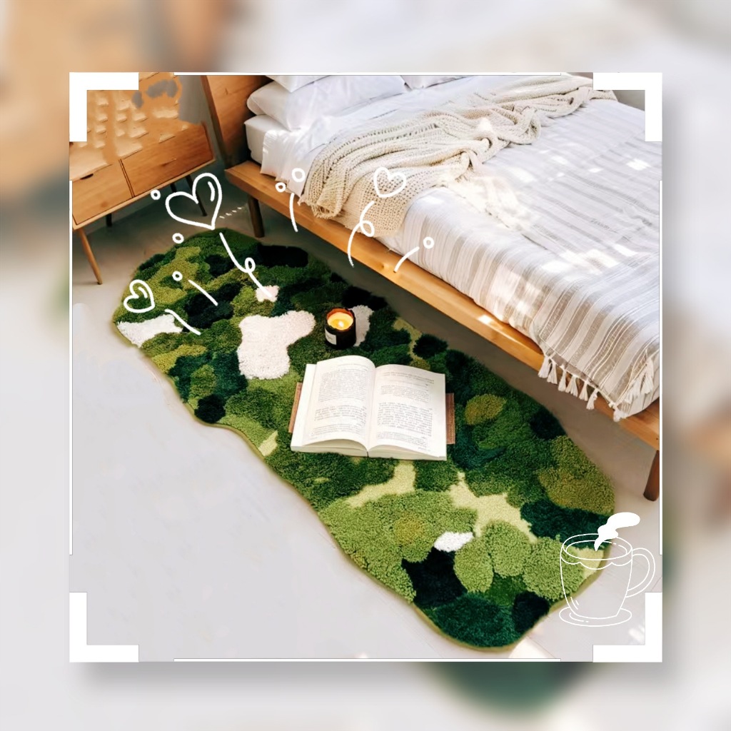 3D จําลอง Moss แถบยาวพรมห้องนอนข้างเตียงหนา Plush พรมปูพื้นรูปพิเศษสีเขียวป่าพรมห้องนั่งเล่น Entrance Anti-Sli