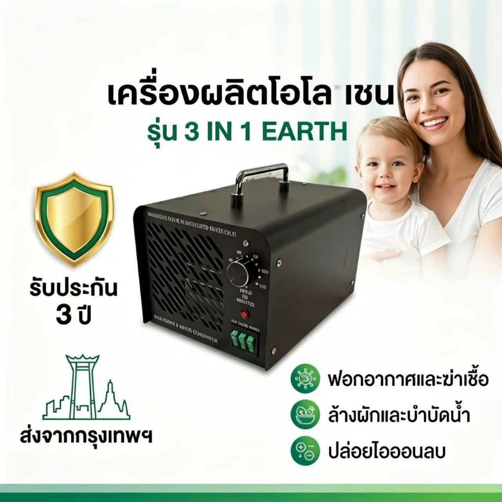 เครื่องอบโอโซน 3 in 1 ดับกลิ่น ฆ่าเชื้อโรค กำจัดเชื้อรา เครื่องฟอกอากาศ ตู้เย็น รถยนต์ ห้องน้ำ รุ่น Earth ออกโอโซน 80mg/h รับประกัน 1ปี ศูนย์ไทย