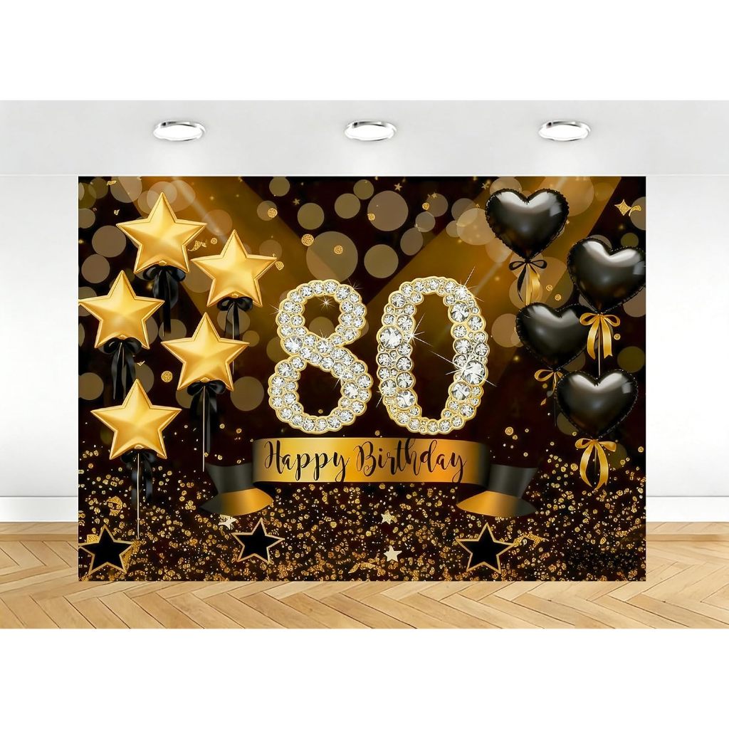 Glitter 80th Happy Birthday Party แบนเนอร์การถ่ายภาพฉากหลังสําหรับ 80th Birthday Anniversary Party ต