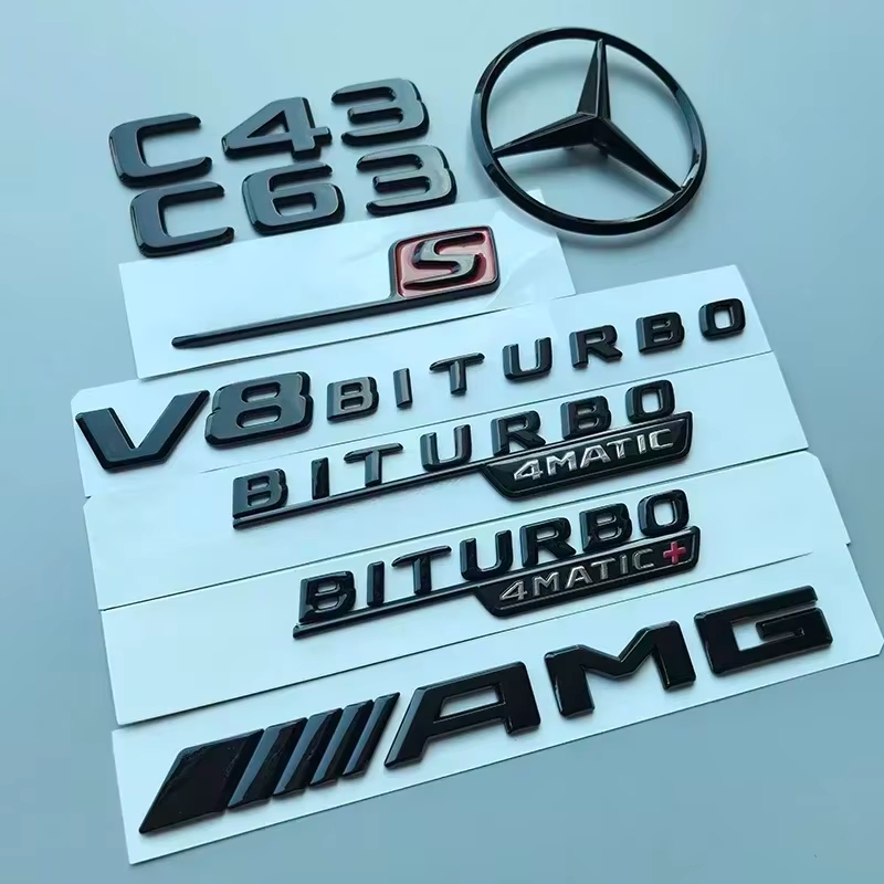 ตัวอักษรแบน V8 Biturbo 4matic + สัญลักษณ์รถยนต์สําหรับ Mercedes Benz AMG C43 C63 C63S W204 W205 C205