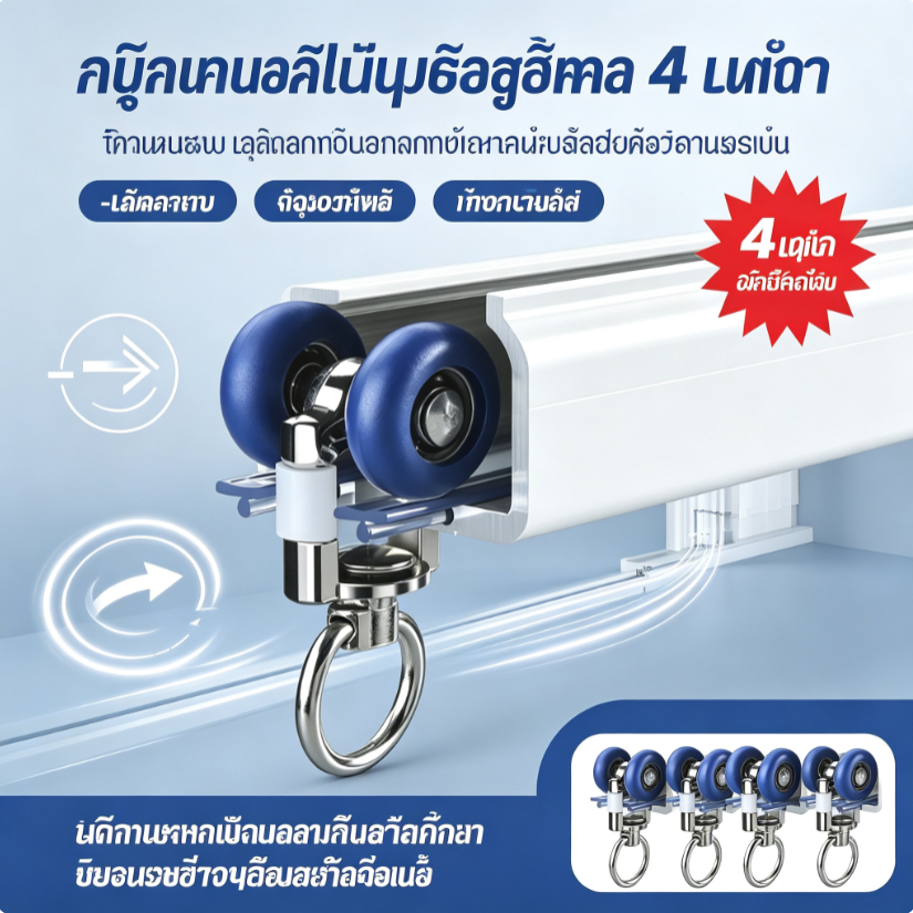 อะไหล่ลูกล้อรางม่าน 4 ชิ้น ตัวเลื่อนรางม่านหน้าต่างและม่านอาบน้ำ แบบล้อคู่ ลื่นไหลไม่ติดขัด