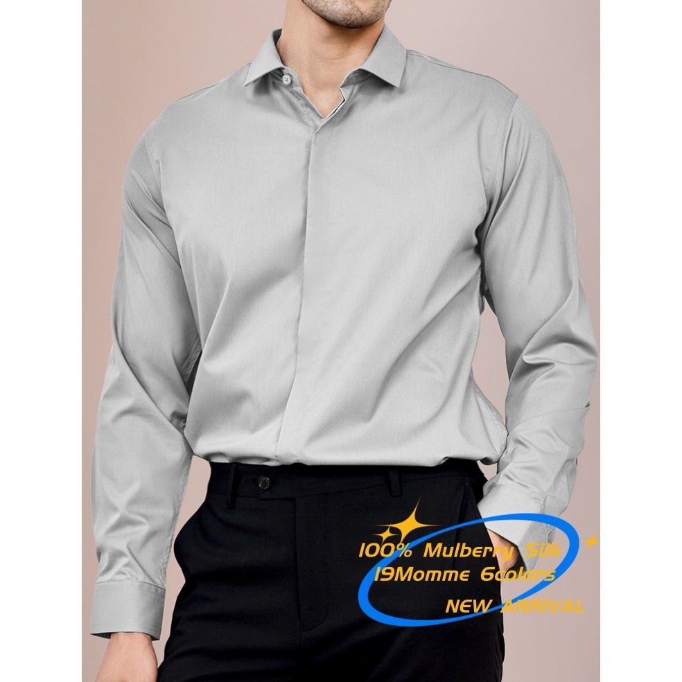 100%หม่อนผ้าไหมผู้ชายแขนยาวเสื้อคอปก6สีที่มีอยู่OEKO _ TEX Professional Mens Top 19MOMME ของขวัญสําห