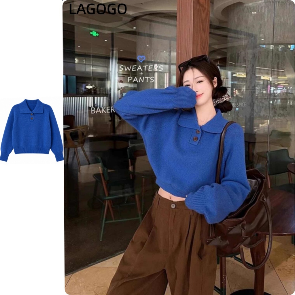 เสื้อโปโลสีน้ำเงินแบบคอปกมีกระดุมปุ่ม เสื้อแขนยาวสำหรับผู้หญิง ทรงเพรียวพอดีตัว ขนาดเล็ก