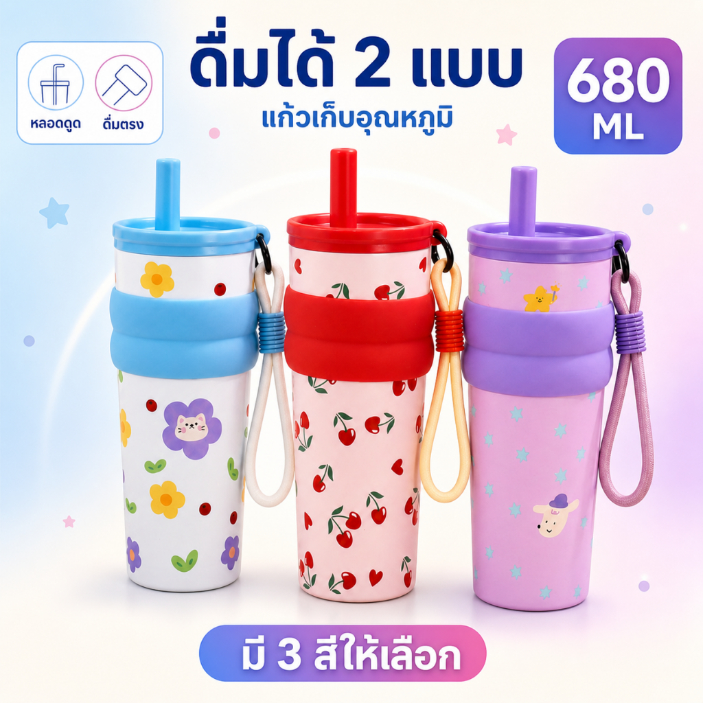แก้วเก็บความเย็น 680ml สแตนเลส 316L เก็บร้อน-เย็น 6 ชม. ดื่มได้ 2 แบบ พร้อมหลอดดูดและสายคล้อง เหมาะสำหรับไปโรงเรียน ออฟฟิศ และใช้ทุกวัน