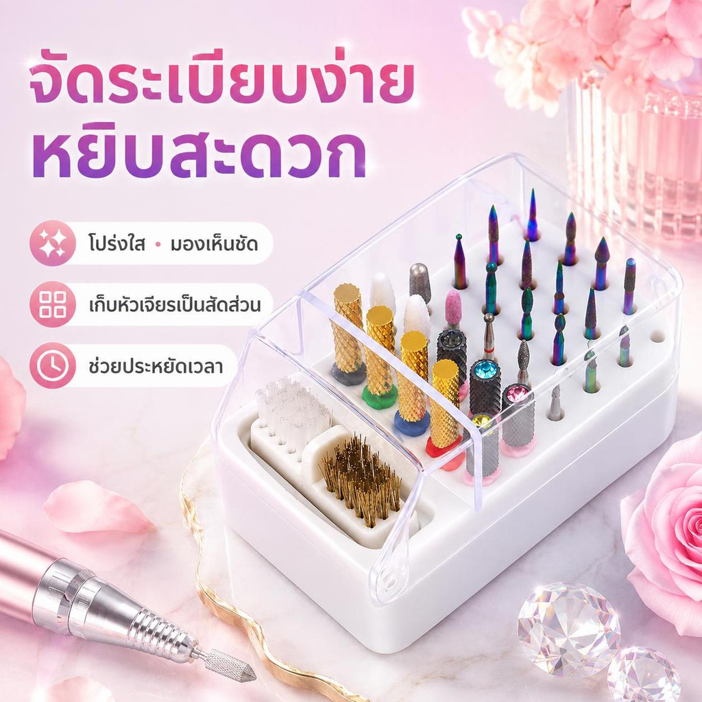 30 หลุมเล็บหัวเจียรกล่องเก็บเจาะบิตจัดเก็บจบกล่องเล็บเครื่องมือ