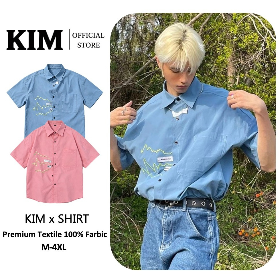 เสื้อเชิ้ตแขนสั้น ผ้าฝ้ายแท้ ทรงหลวม ปักลายฟ้าผ่า สีชมพู สําหรับผู้ชาย