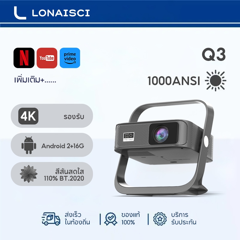 Lonaisci Q3 โปรเจคเตอร์ 4k เชื่อมต่อ wifi bluetooth projector 4k 1000ANSI 2+16GB  ระบบ โฟกัสอัตโนมัต