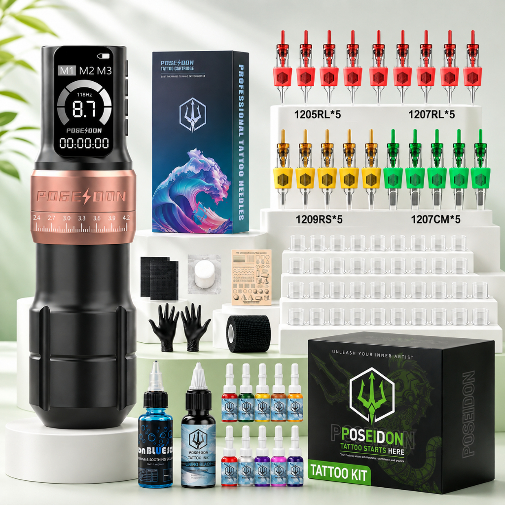 POSEIDON Tattoo Machine Kit,Rotary Tattoo Machine พร้อมตลับหมึกเข็ม Tattoo Ink Cups ถุงมืออุปกรณ์ฝึก