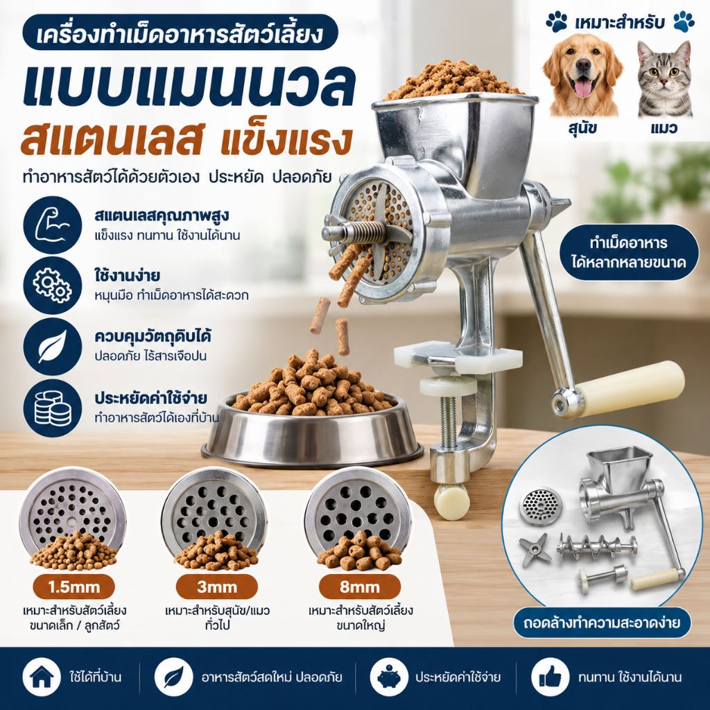 เครื่องทําเม็ดอาหารสัตว์เลี้ยงแบบแมนนวลสแตนเลสสําหรับงานหนัก - เครื่องหยอดเม็ดอาหารสัตว์ DIY