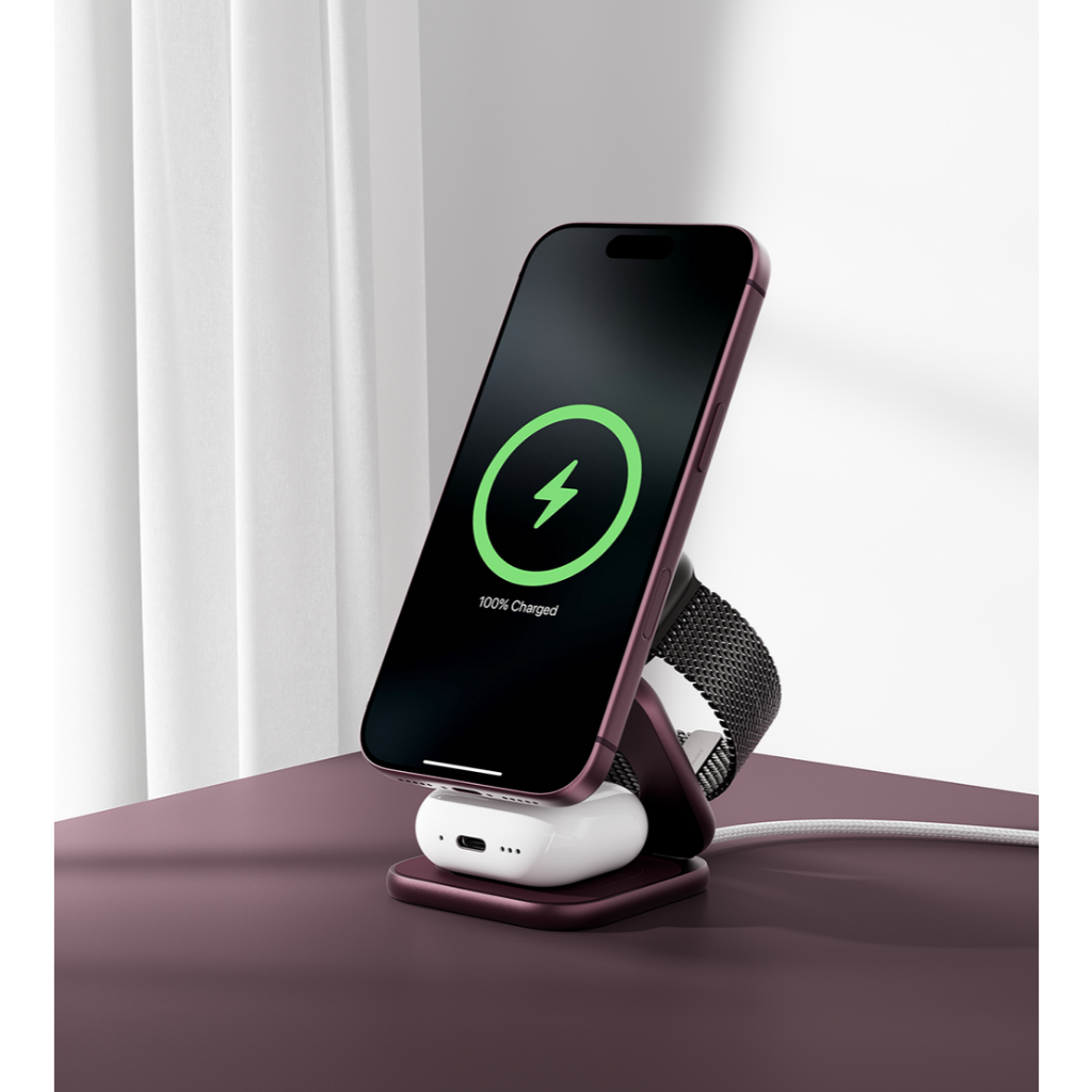 KUXIU X40 Turbo 3-in-1 ที่วางมือถือแบบพับได้ iPhone 18 Pro Max Dark Cherry iWatch AirPod Qi2.2 25W แ