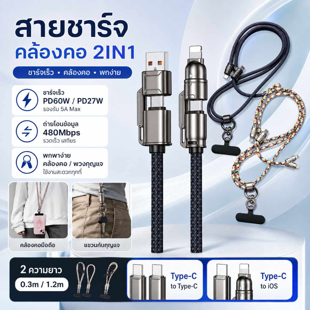 สายชาร์จเร็ว Type-C ถึง Type-C / Type-C ถึง iOS PD60W 27W 0.3m 1.2m ถ่ายโอนข้อมูล 480Mbps สายถักพวงก