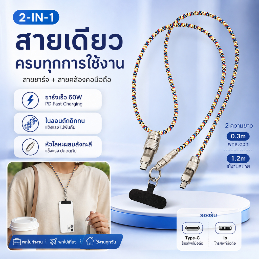 สายชาร์จโทรศัพท์มือถือ 60W Type C/ip สายคล้องคอ Lanyard สายชาร์จลายโซ่ ไนลอนถัก + หัวโลหะ 0.3m/1.2m 