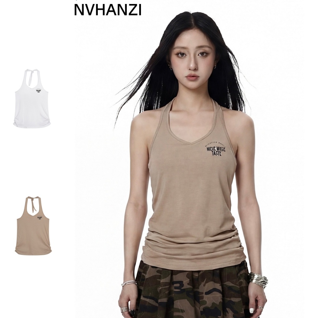 หลวมแขนกุด Niche American Retro Hot Girl Letter พิมพ์ Halter V คอ Halter เสื้อกั๊กผู้หญิงฤดูร้อนผู้หญิง