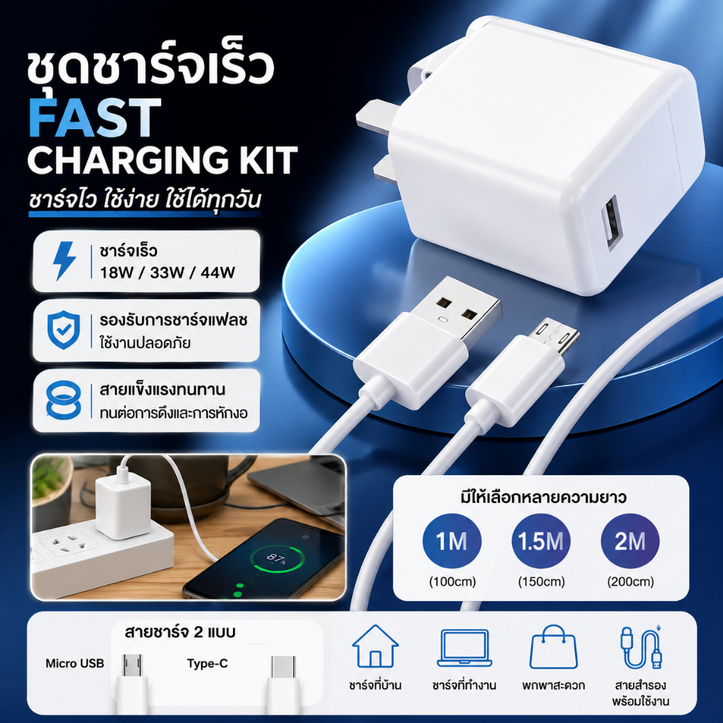 ชุดชาร์จเร็ว 18W สาย Micro USB 1M 1.5M 2M สำหรับ Vivo Y20 Y20g V11 Pro S1 V15 Pro Y17 Y19 Z1 Pro Y20