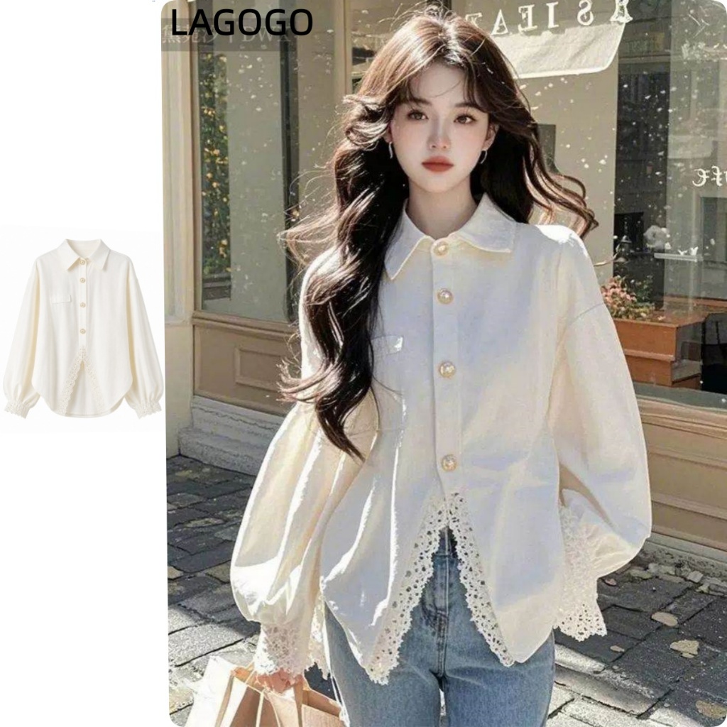 เสื้อลูกไม้สีขาวยกระดับความสวยงามด้วยการออกแบบสไตล์ใหม่ สไตล์ตะวันตก เหมาะสำหรับใส่เป็นท็อป