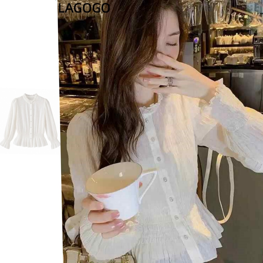 เสื้อชีฟองฝรั่งเศสผู้หญิงสไตล์ใหม่จีบเชื้อราขอบสุภาพสตรีแขนยาวด้านบน