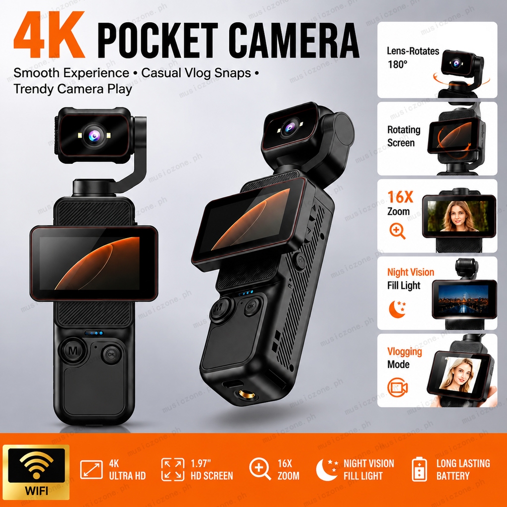 Pocket Action Camera 4K Wifi Handheld Vlog กล้อง 1.97 นิ้วหน้าจอหมุนได้ 180° เครื่องบันทึกวิดีโอแบบพกพาขนาดเล็กเลนส์หมุนได้สําหรับ วิดีโอบล็อก รายวัน