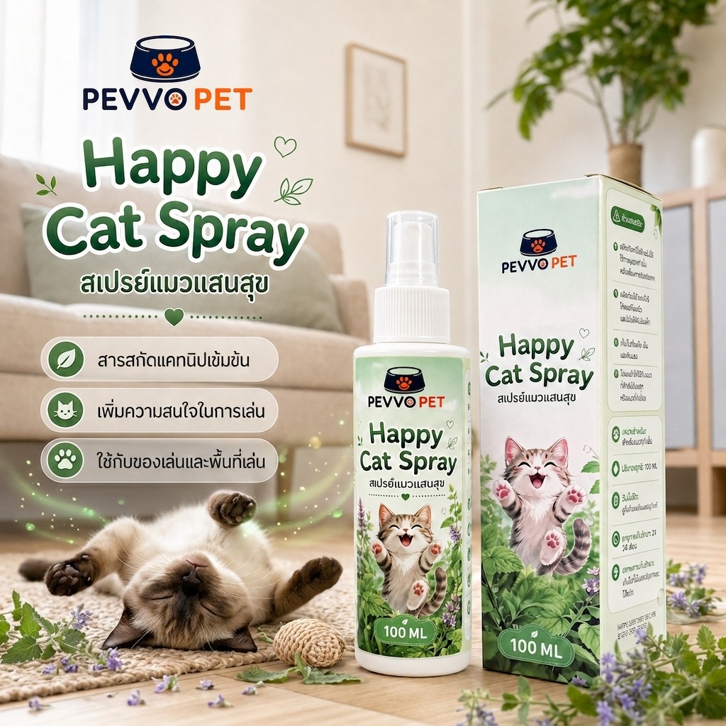 PEVVO PET Happy Cat Spray (100ml) – สเปรย์แคทนิปธรรมชาติเพื่อเพิ่มความสนใจของแมวในการเล่น