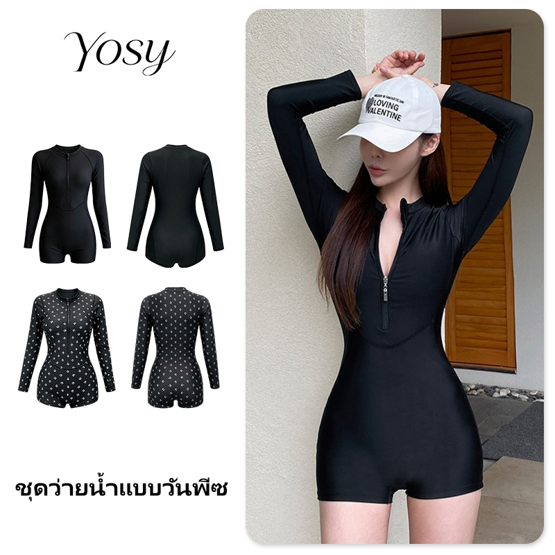 YOSY ชุดว่ายน้ำผู้หญิงแบบวันพีซมีฟองน้ำ แขนยาวสไตล์สปอร์ต มีซิปหน้า เซ็กซี่ ป้องกันรังสียูวี ชุดดำน้ำ ชุดว่ายน้ำไปทะเล