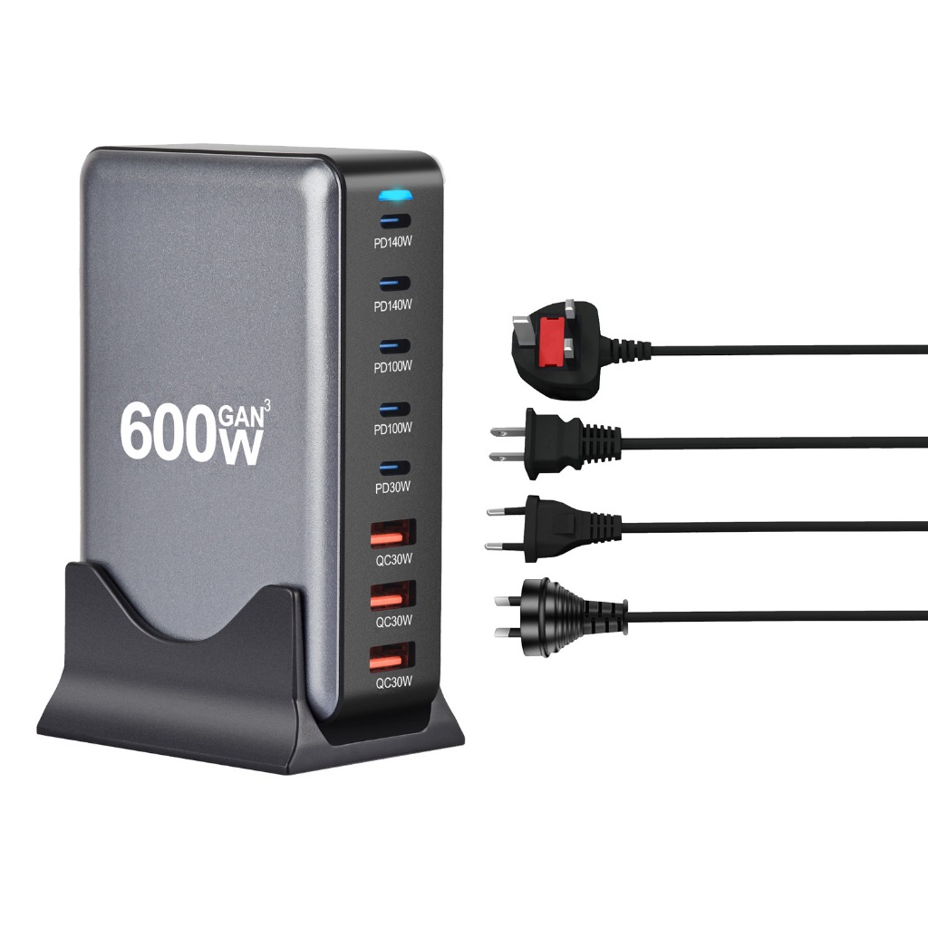 สถานีชาร์จ GaN 600W 155W สูงสุด 5‐USB‐C สถานีชาร์จเร็ว GaN สีฟ้า LED ABS‐PC สถานีชาร์จเดสก์ท็อปพร้อม