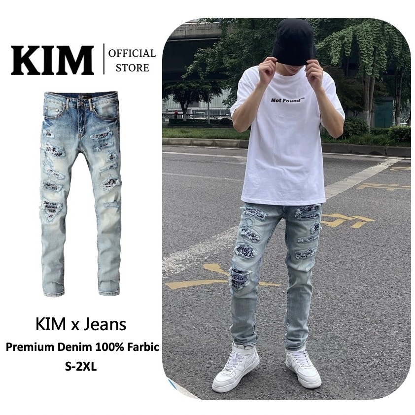 ขายดี NEW AMIRI light-colored ripped patch slim jeans