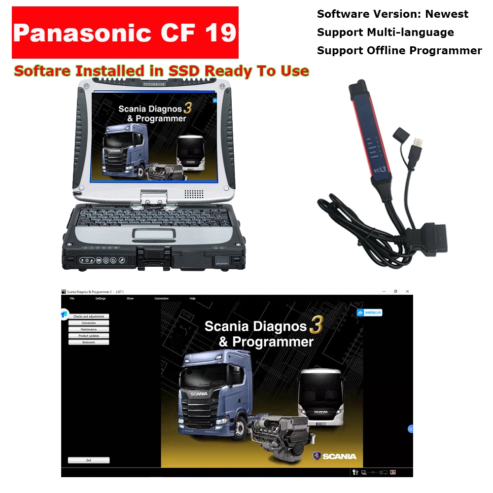 เครื่องมือวินิจฉัยรถบรรทุก Wifi/Wireless Scania VCI3 พร้อมซอฟต์แวร์ Panasonic Toughbook CF-19 ติดตั้