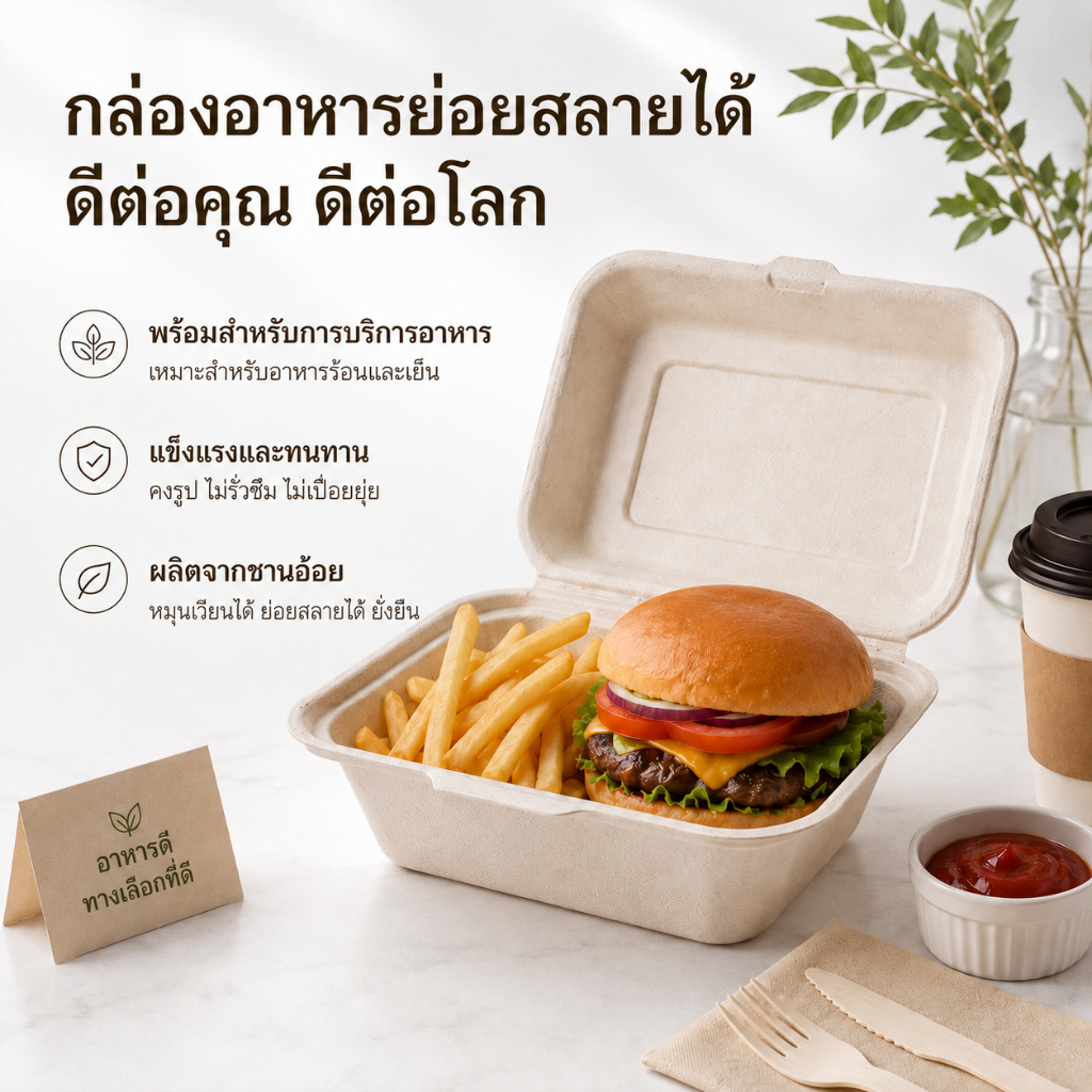 Joyful Ocean กล่องอาหารชานอ้อย 100% ย่อยสลายได้ ขนาด 450/600quan/900 มล. กล่องอาหารฝาพับใช้แล้วทิ้ง เกรดอาหาร เป็นมิตรต่อสิ่งแวดล้อม ป้องกันการรั่วซึม ทนน้ำและน้ำมัน เข้าไมโครเวฟได้