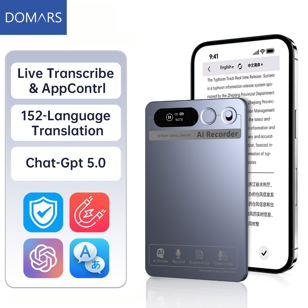 DOMARS AI Recorder 64GB 35H การบันทึก 152 ภาษาแปลChatGPT 5.0 Live Trancription AI Summarization 32g 