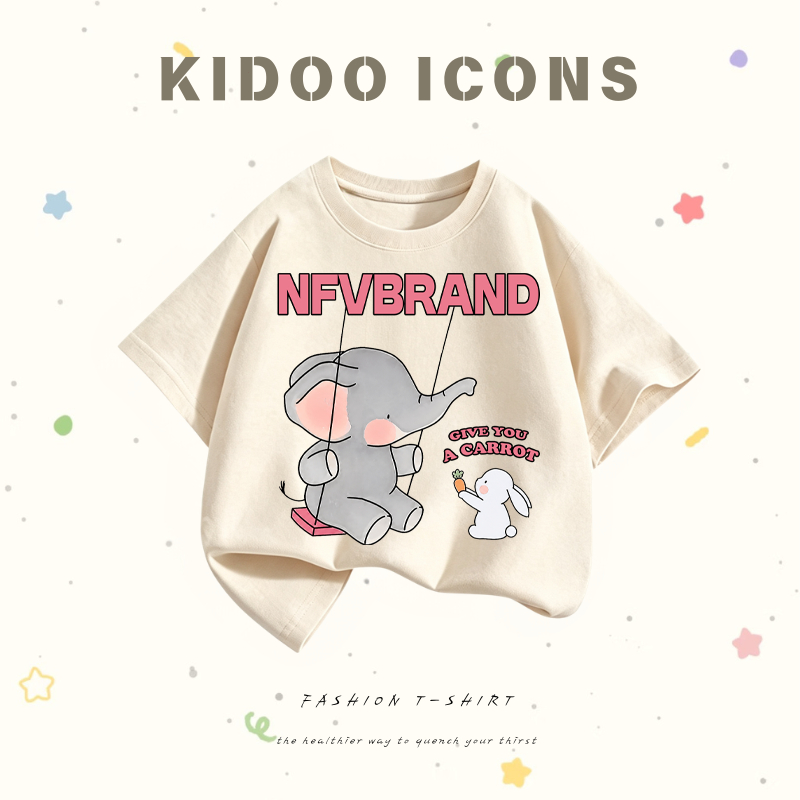 ✨จัดส่งตลอด 24 ชั่วโมง✨ KIDOO ICONS มาใหม่เด็กแขนสั้นเสื้อยืดฤดูร้อนการ์ตูนพิมพ์รอบคอผ้าฝ้ายแท้ ลายลายการ์ตูนช้างและกระต่ายนั่งชิงช้า #A01+5720