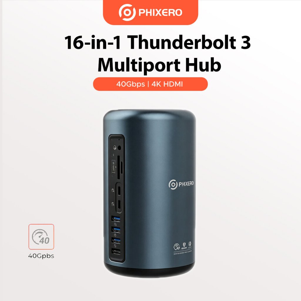 PHIXERO Thunderbolt3 ประเภท C Docking Station 16 in 1 Hub 40Gbps 4K HDMI USB3.0 10Gbps SD TF Card Re