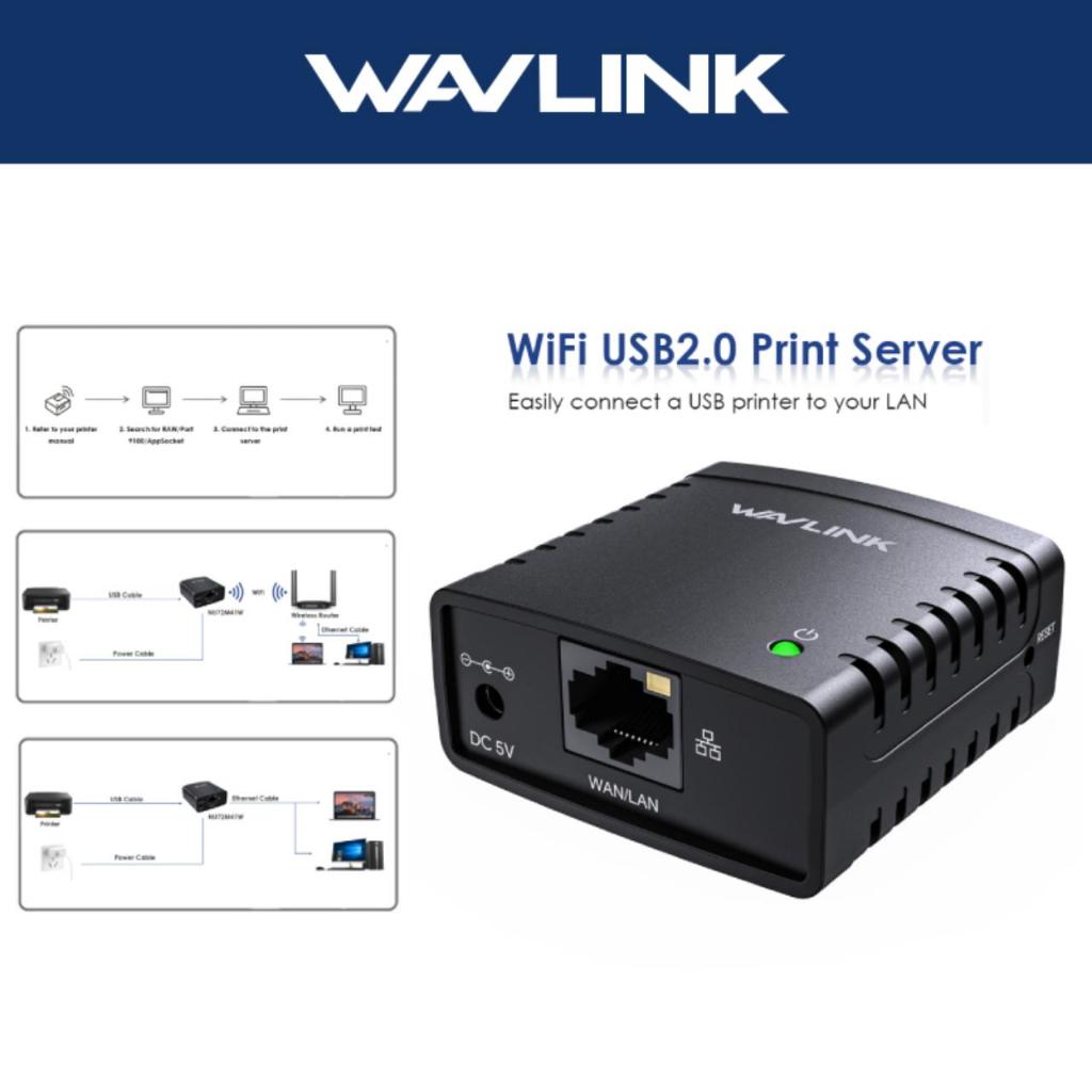 WAVLINK USB 2.0 Network Print Server, Wired 10/100Mbps LAN & 300Mbps Wireless WiFi Print Share Adapt