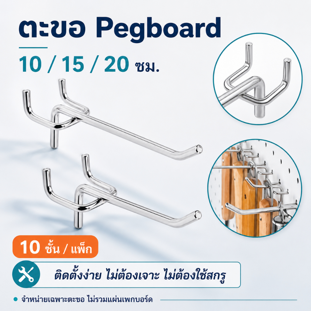 ตะขอแขวน Pegboard แบบสองขา 10 ชิ้น ขนาด 10/15/20 ซม. สำหรับแผ่นรูห่าง 2.5 ซม. ส่งจากกรุงเทพฯ