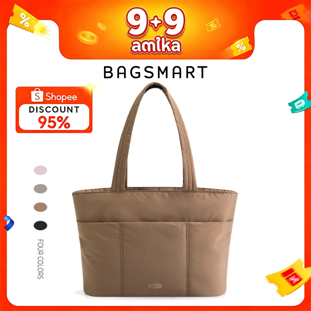 BAGSMART Tote Bag ผู้หญิง ใส่โน้ตบุ๊ก 14 นิ้ว ทรงพัฟฟี่ น้ำหนักเบา มีซิป มีกระเป๋าด้านหน้า สำหรับทำง