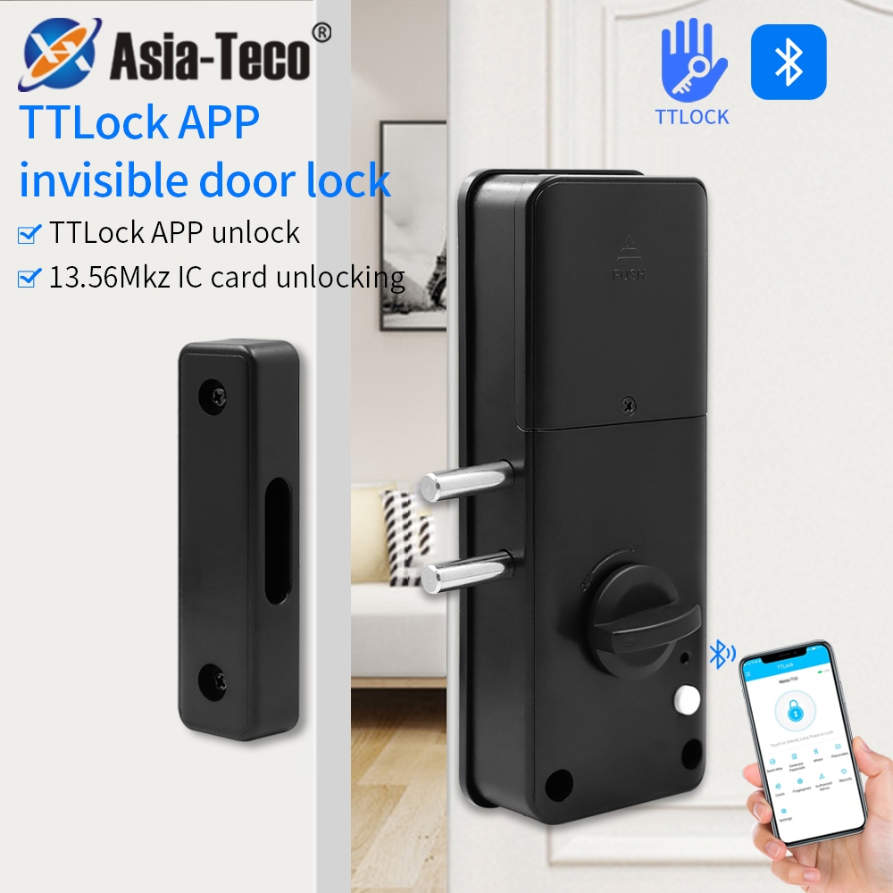 TTLOCK สมาร์ทล็อค APP ชุดปุ่มกดแบบไร้กุญแจพร้อมรีโมทคอนโทรลปลดล็อคสลักเกลียวไฟฟ้าที่มองไม่เห็นประตูไม้ปกปิดชุดล็อคมอเตอร์