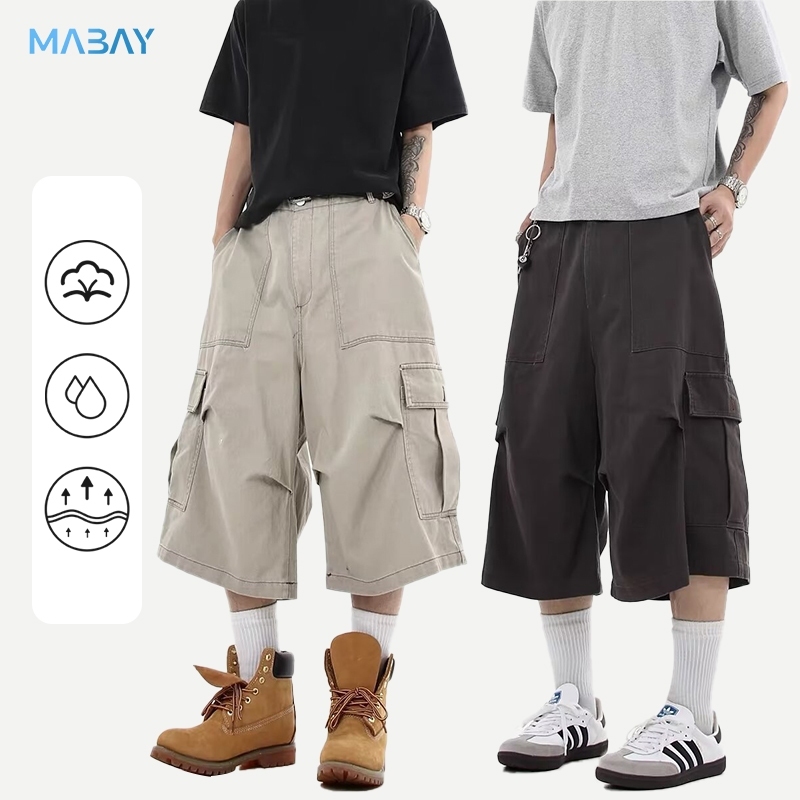 Mabay เกงขาสั้น ผู้ชาย ทรงหลวม ใส่สบาย กางเกงคาร์โก้ขาสั้น กระเป๋าขนาดใหญ่ ดีไซน์เรียบง่าย ใส่หน้าร้อน แบบบาง สไตล์ลำลอง ชุดคู่รัก ใส่ได้ทั้งผู้ชายและผู้หญิง