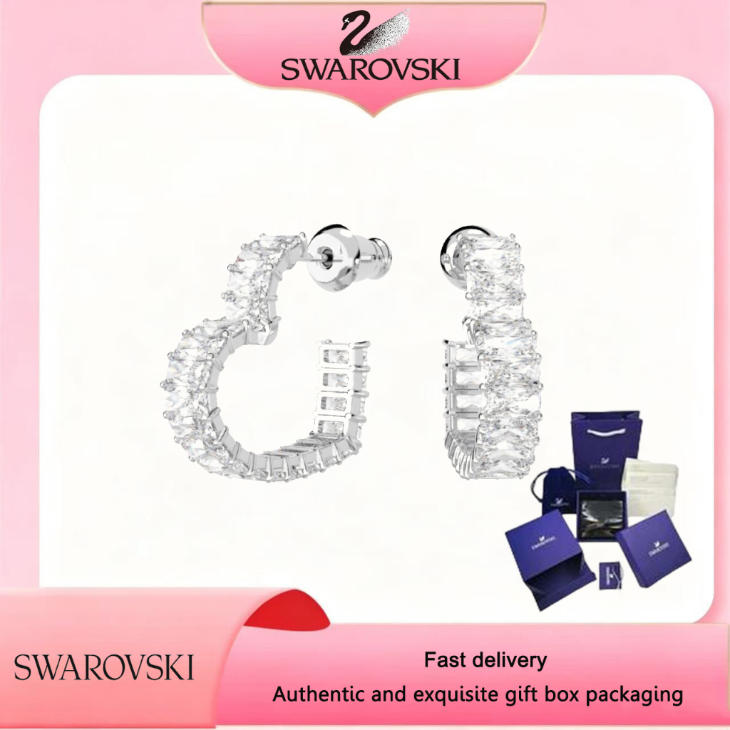 Swarovski (ใหม่)ต่างหูแฟชั่นผู้หญิง S925 เงินสเตอร์ลิงรูปหัวใจคริสตัลสีขาวอัญมณี Matrix Hoop ต่างหูของขวัญวันวาเลนไทน์ของขวัญวันเกิด