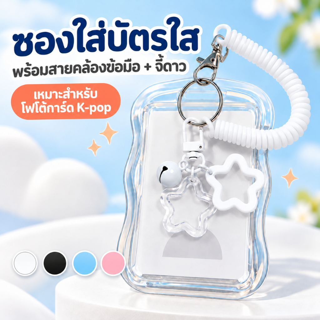 เคสใส่โฟโต้การ์ด K-pop แบบใส ขอบลอนคลื่น พร้อมจี้รูปดาวและกระดิ่ง สายคล้องข้อมือแบบสปริง ใส่บัตรนักเรียน บัตรพนักงาน มี 4 สี พร้อมส่ง